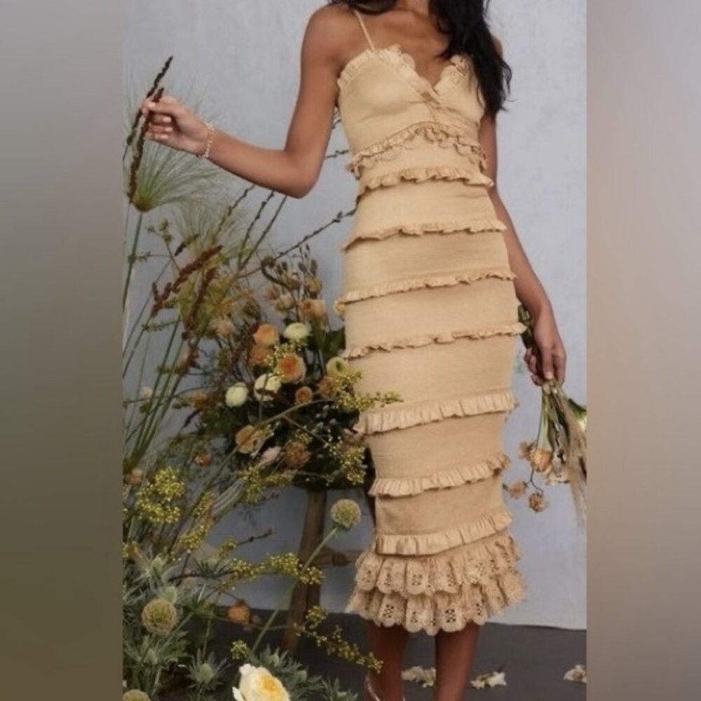V. Chapman Tan Ruffled Midi Dress